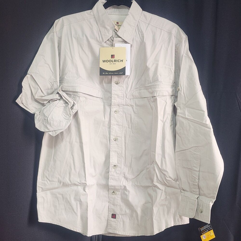 NWT Woolrich Cordele Men's Med Long Sleeve Button-Up Shirt Beige Khaki Fishing